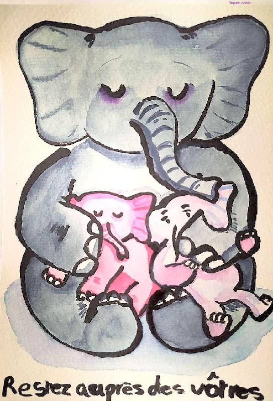 Illustration représentant une famille d'éléphants et un message encourageant l'unisson