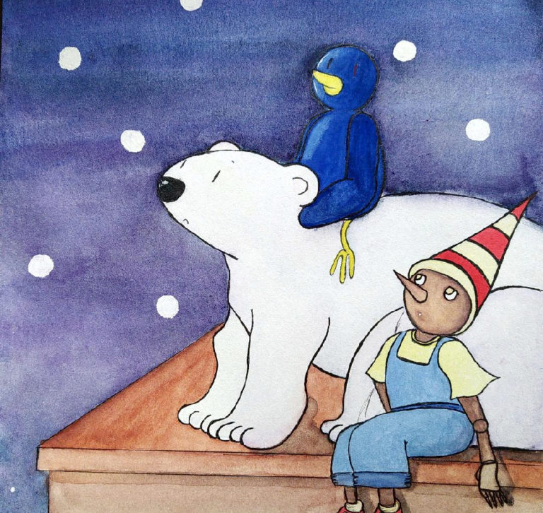 Qui est Pingouin Artiste ?Illustration d'un pingouin, un ours blanc et un pantin