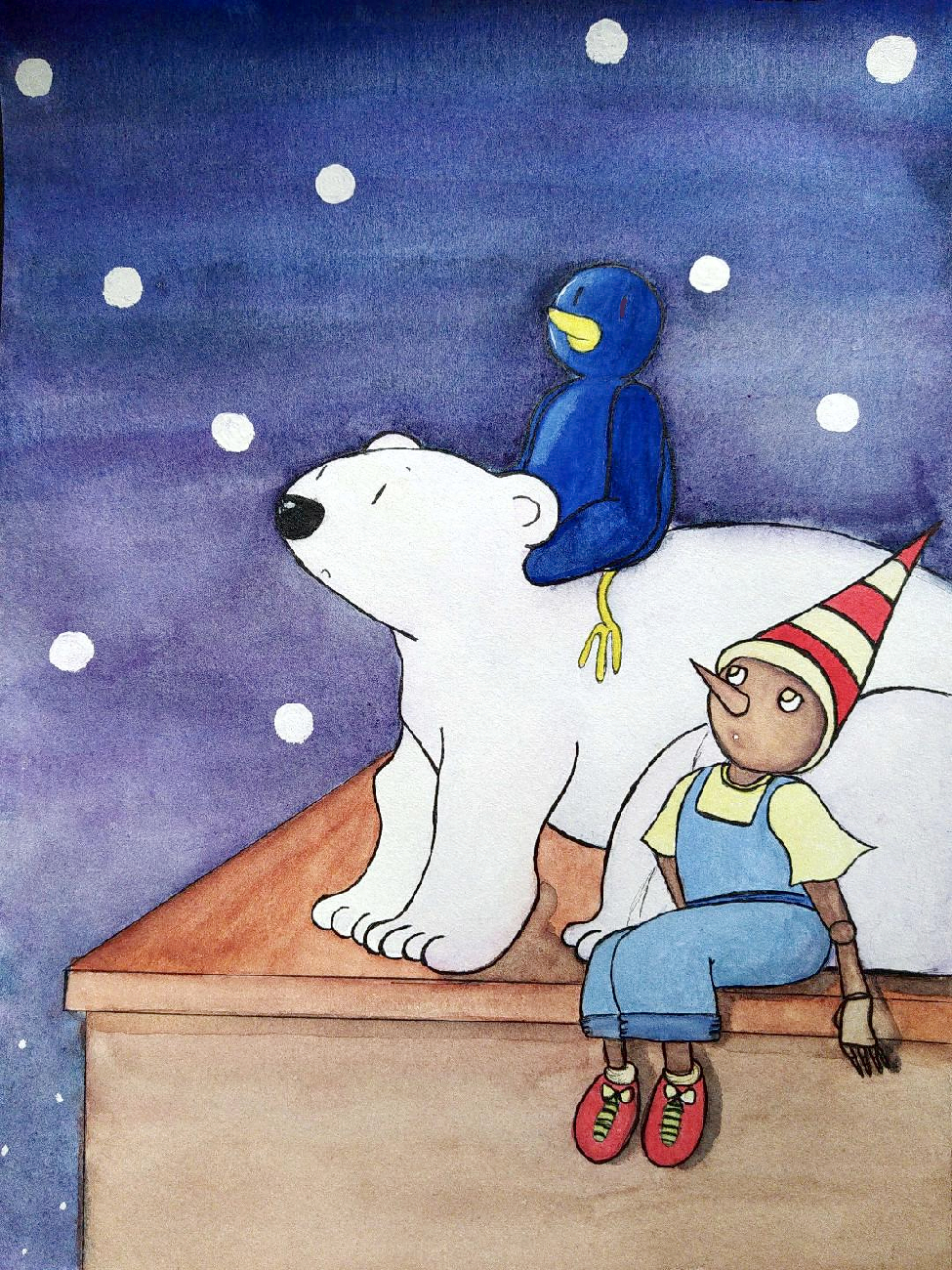 Illustration finale avec le pantin assis sur une plate-forme avec derrière l'ours blanc et le pingouin perché sur son dos