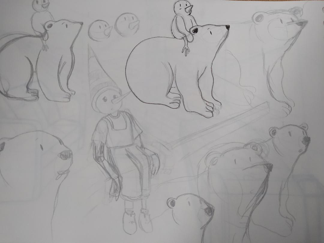 Plusieurs croquis préparatoires au crayon de l'ours blanc principalement, mais également du pingouin et du pantin