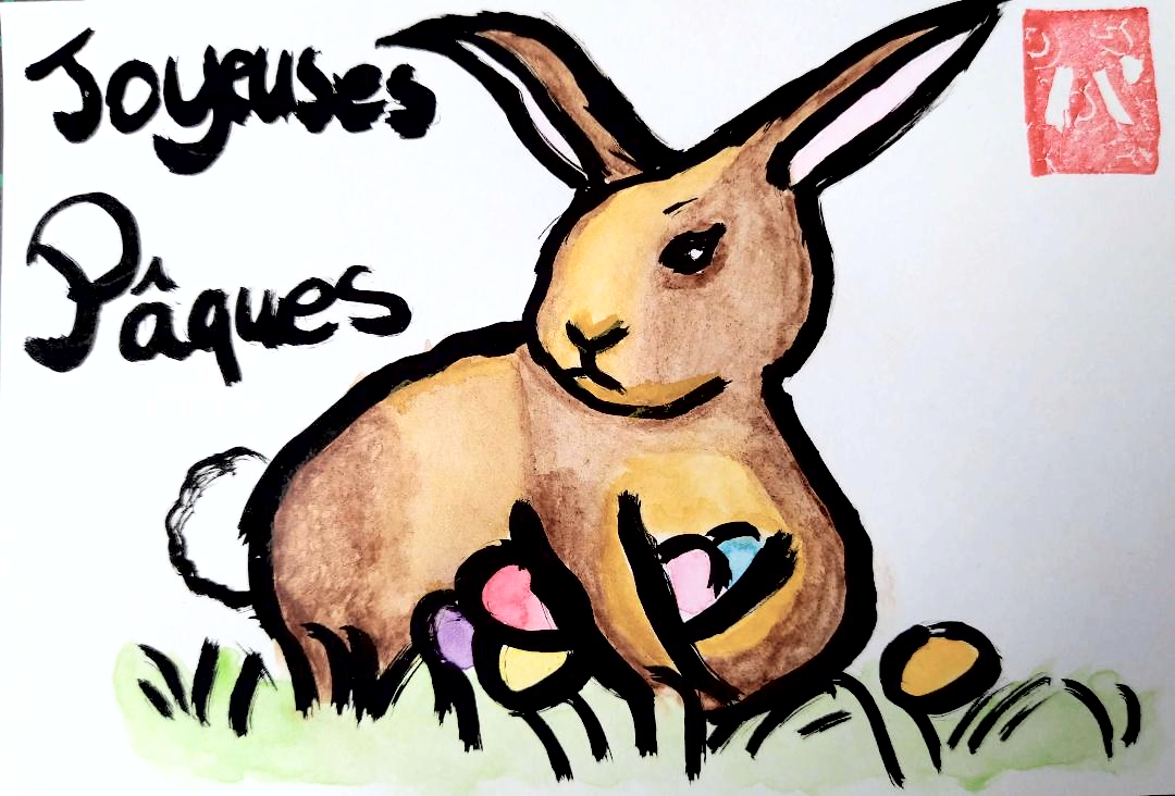 Carte postale Etegami représentant un lapin pour Pâques