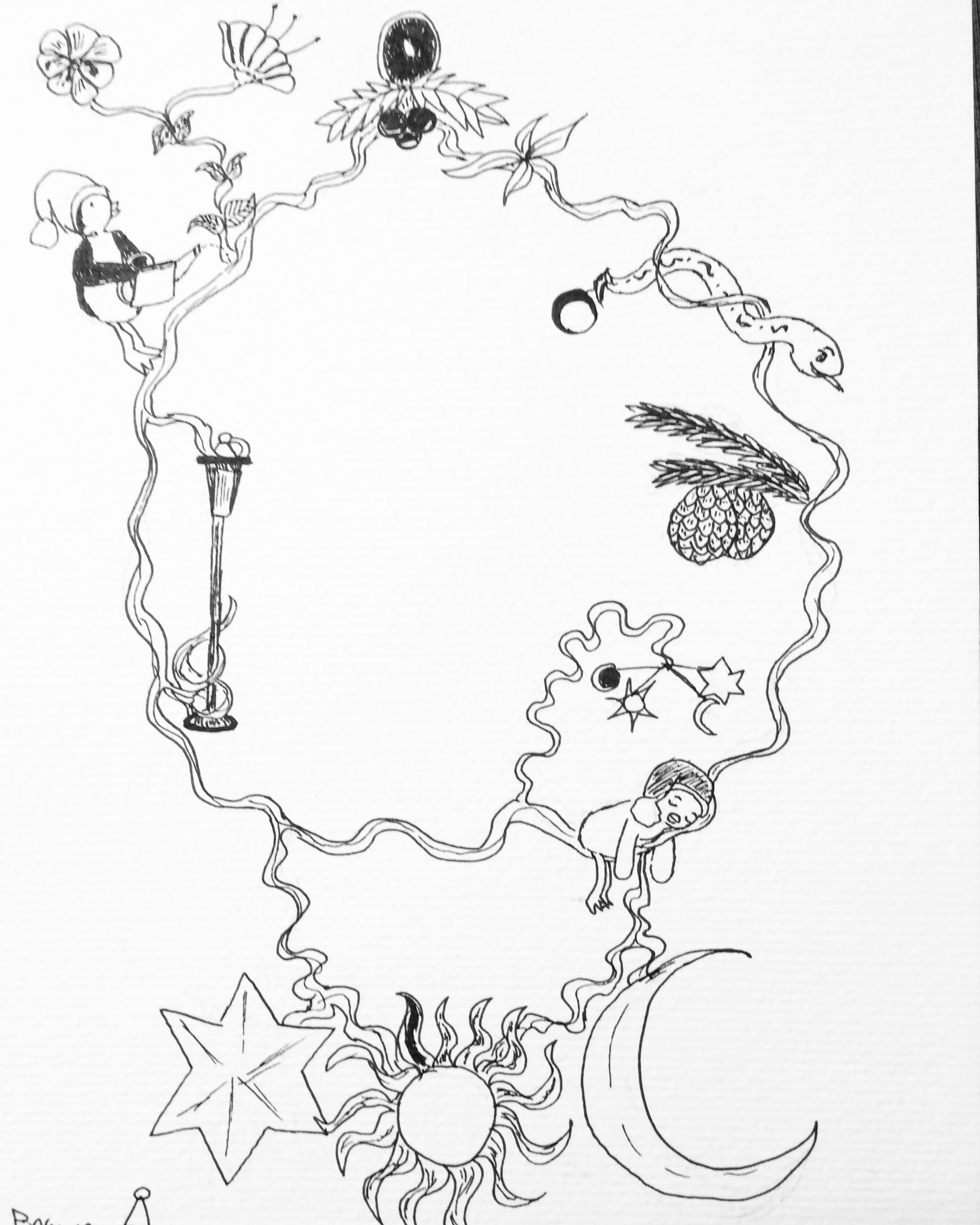 Inktober 2019: dessin sur le thème "ornament" où j'ai représenté une décoration agrémentée de divers éléments graphiques.