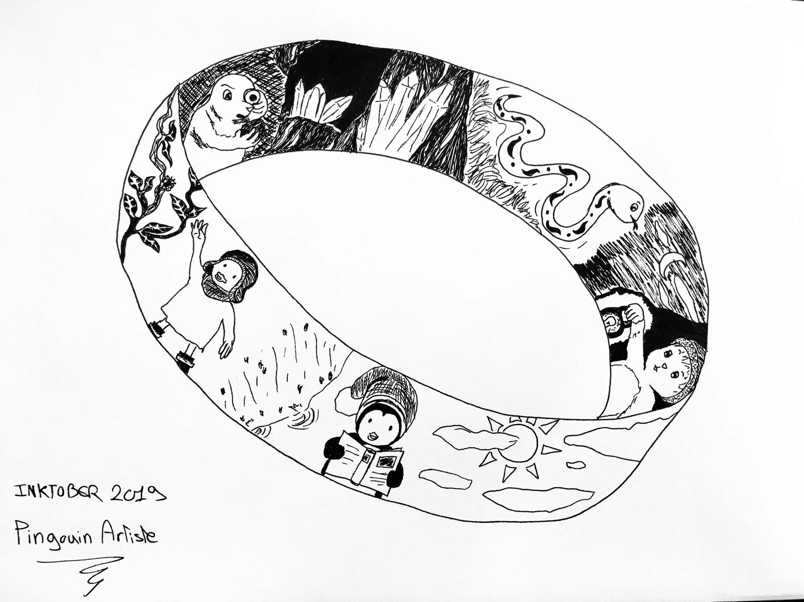 Inktober 2019: ce dessin est une interprétation du premier prompt "ring" représentant un anneau géant agrémenté de plusieurs petites images.