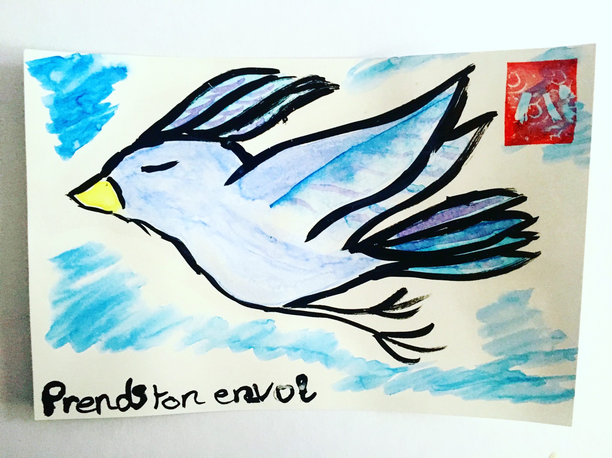 Exemple d'Etegami: un oiseau bleu avec le message "Prends ton envol"