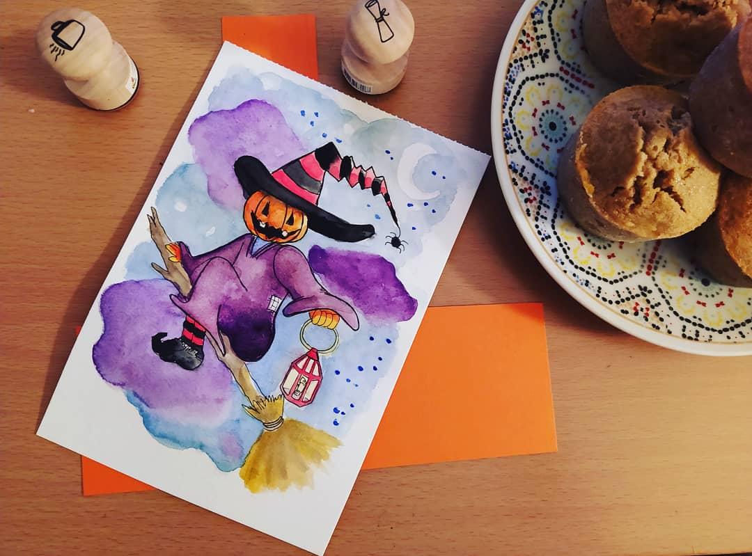 Illustration pour Halloween d'une sorcière à tête de citrouille