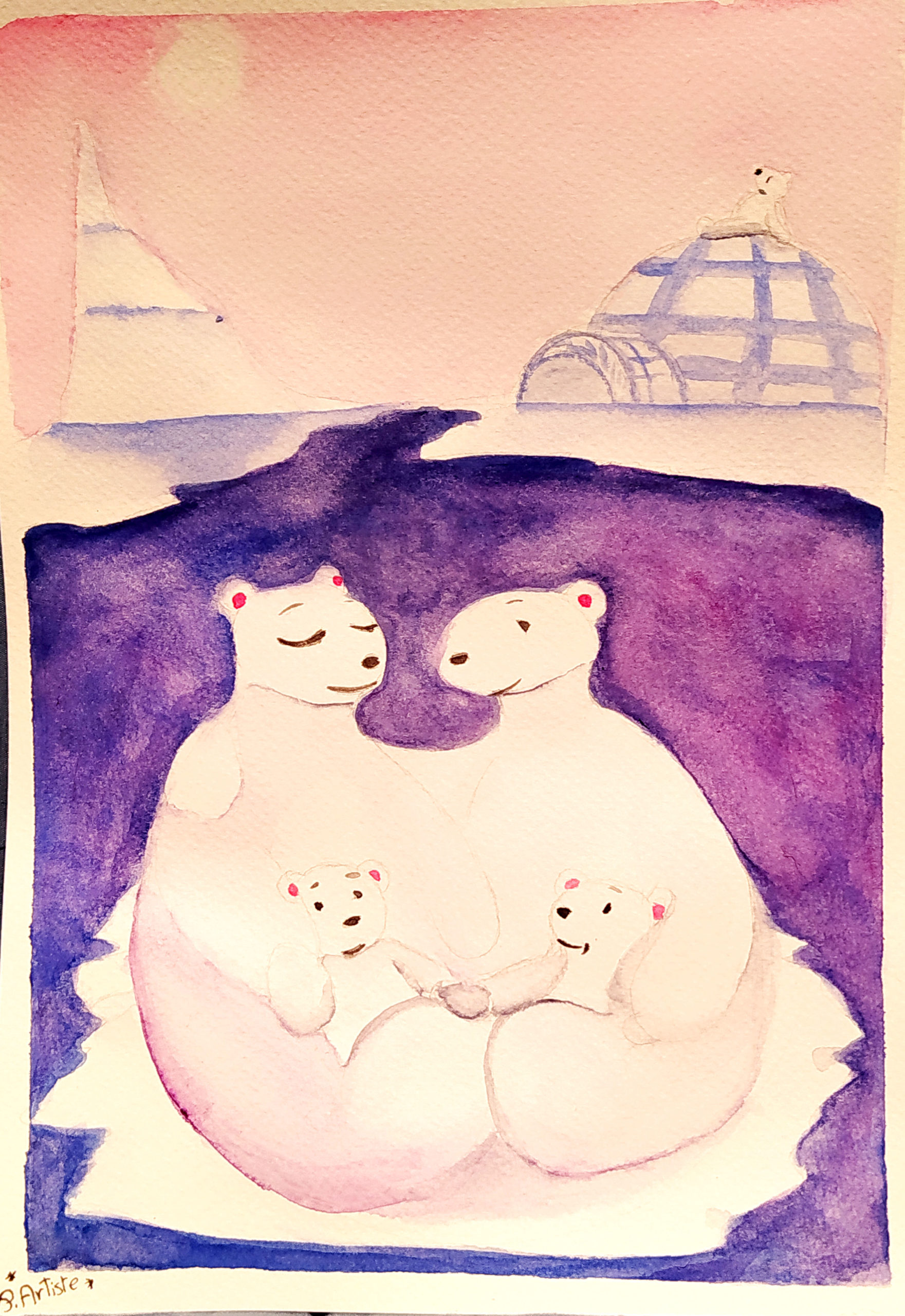 Pour changer de la tristesse de voir des ours blancs isolés sur un bout de glace, voici une famille réunie et proche du bord.
