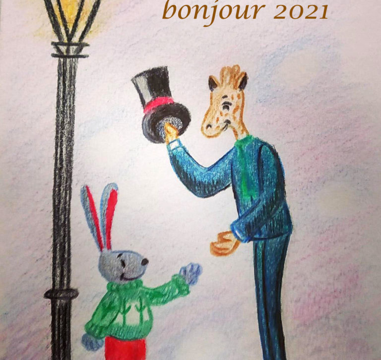 Illustration d'un petit lapin représentant 2021 et saluant l'expérimentée girafe de 2020