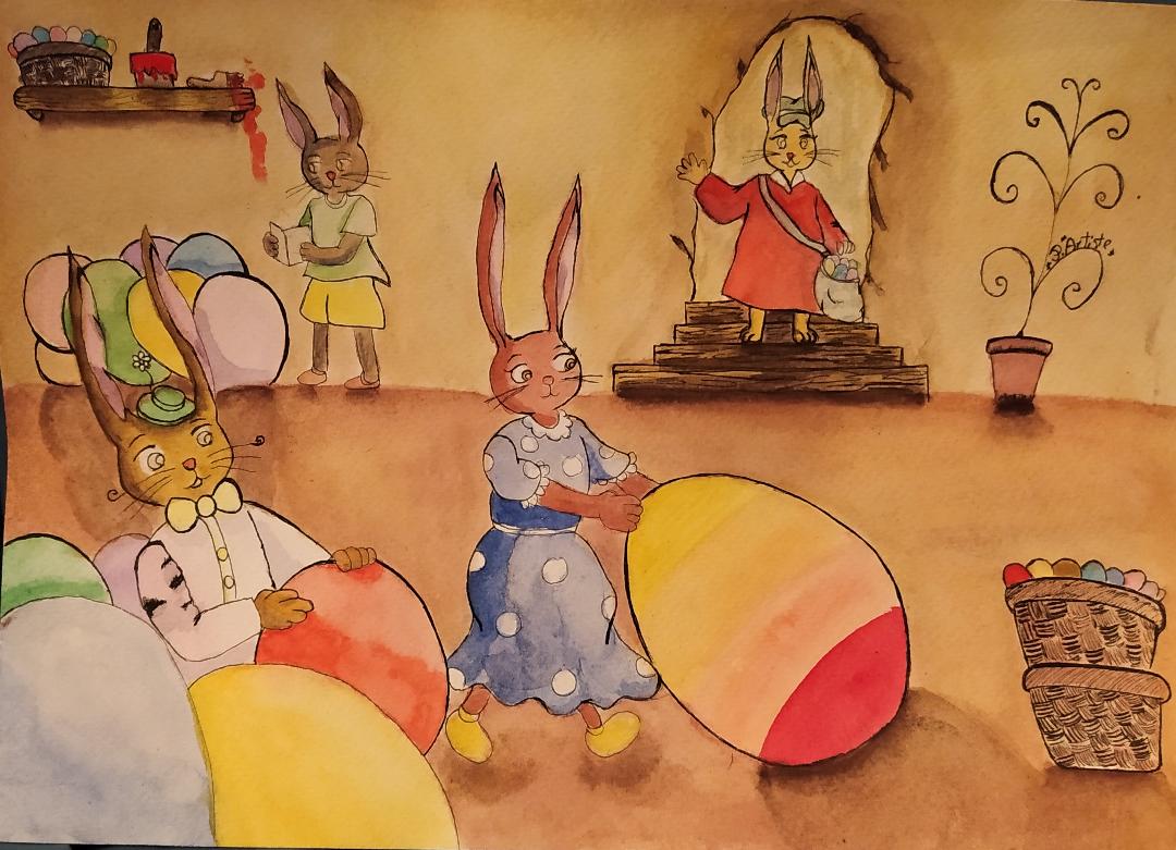 Illustration de l'atelier où travaillent les lapins de Pâques
