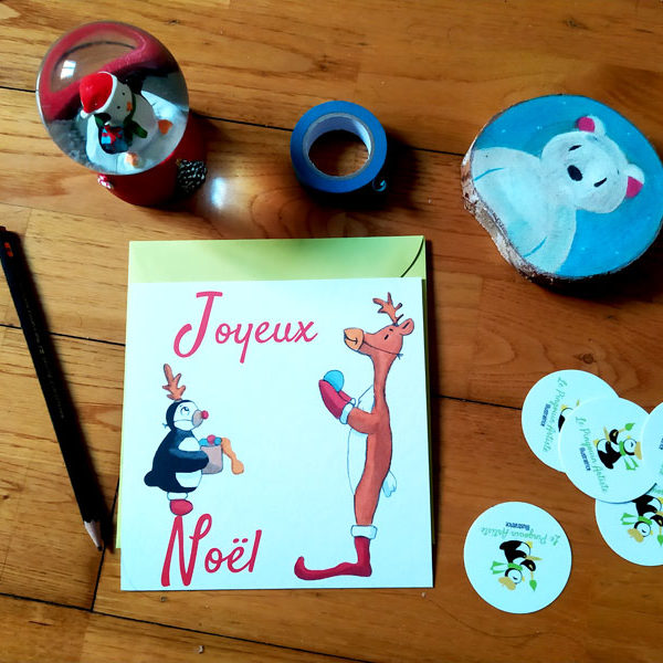 Reproduction imprimée de la carte de Noël Joyeux Noël - Renne & pingouin