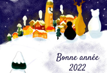 Illustration de renne, pingouin et ours qui admirent un village humain enneigé.