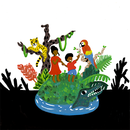 Peinture à la gouache représentant un îlot vierge d'Amazonie
